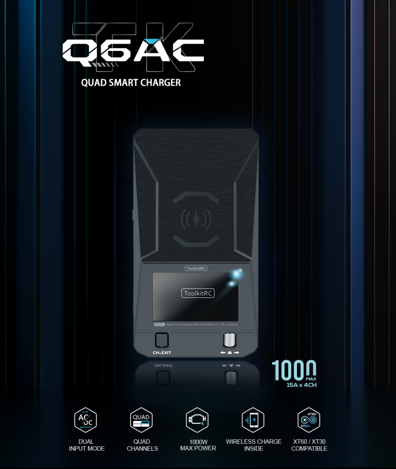 ToolkitRC Q6AC Quad Charger. Compatible XT60 and XT30 Max.1000W Smart Charger AC/DC