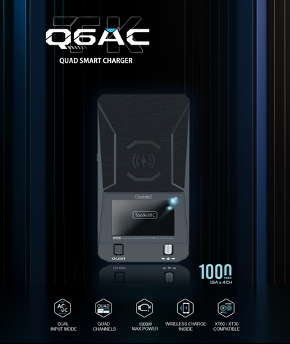 ToolkitRC Q6AC Quad Charger. Compatible XT60 and XT30 Max.1000W Smart Charger AC/DC