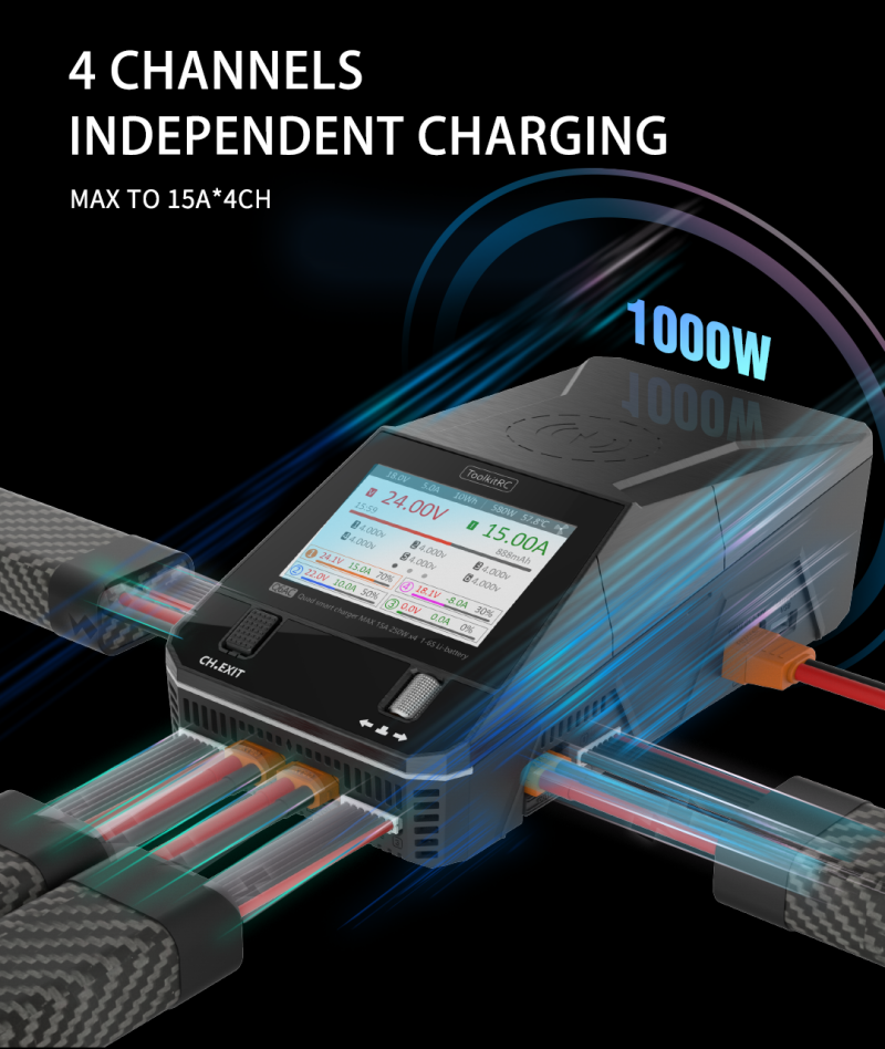 ToolkitRC Q6AC Quad Charger. Compatible XT60 and XT30 Max.1000W Smart Charger AC/DC