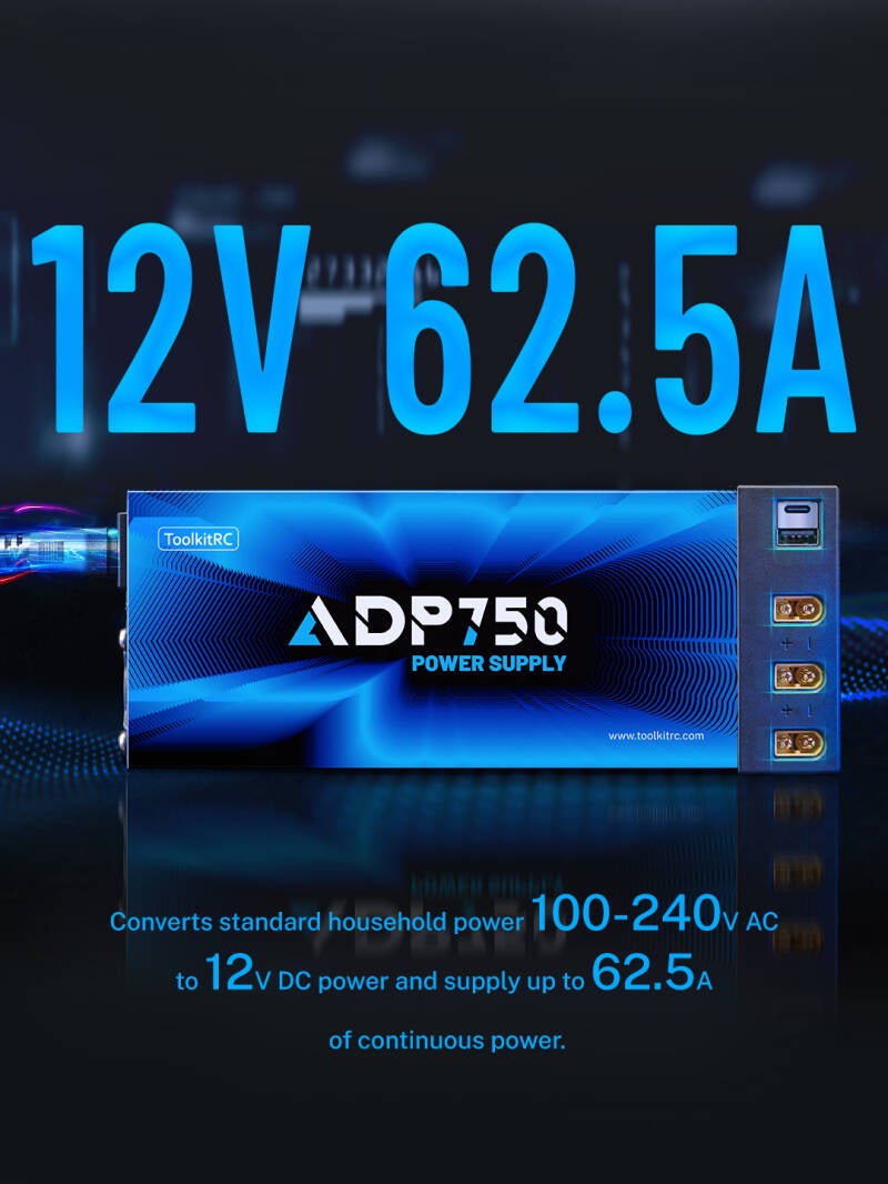 ToolkitRC ADP750 – 12 V/62 A (750 W) High-Power Supply for RC Charging Stations