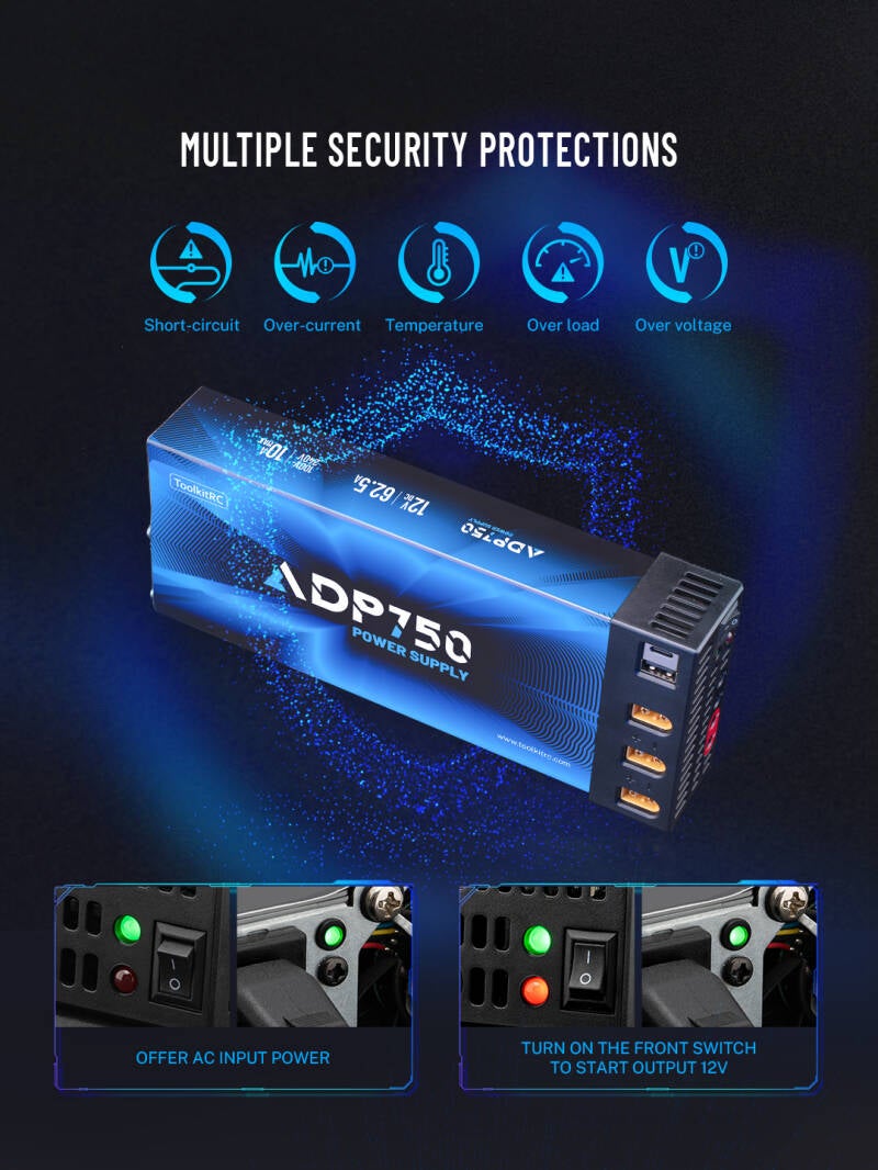 ToolkitRC ADP750 – 12 V/62 A (750 W) High-Power Supply for RC Charging Stations
