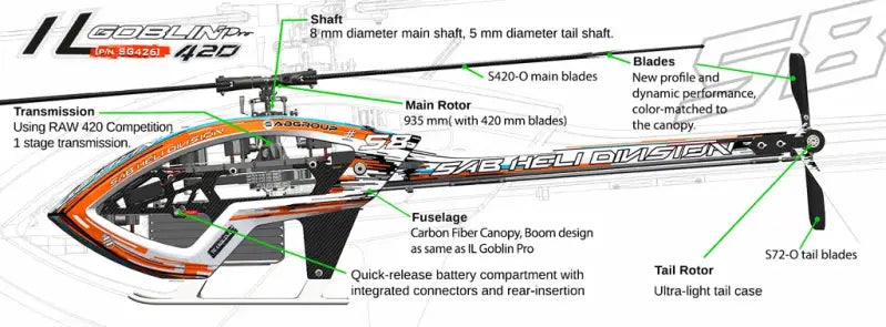 SAB ilGoblin PRO 420 White 420mm (SG426) with Main & Tail Blades - 6S High Performance 3D Heli
